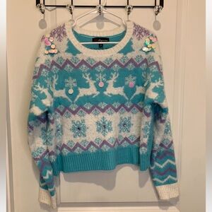 33 Degrees Ugly Christmas Sweater Sz Large Blue Reindeer Snowflake Embellished